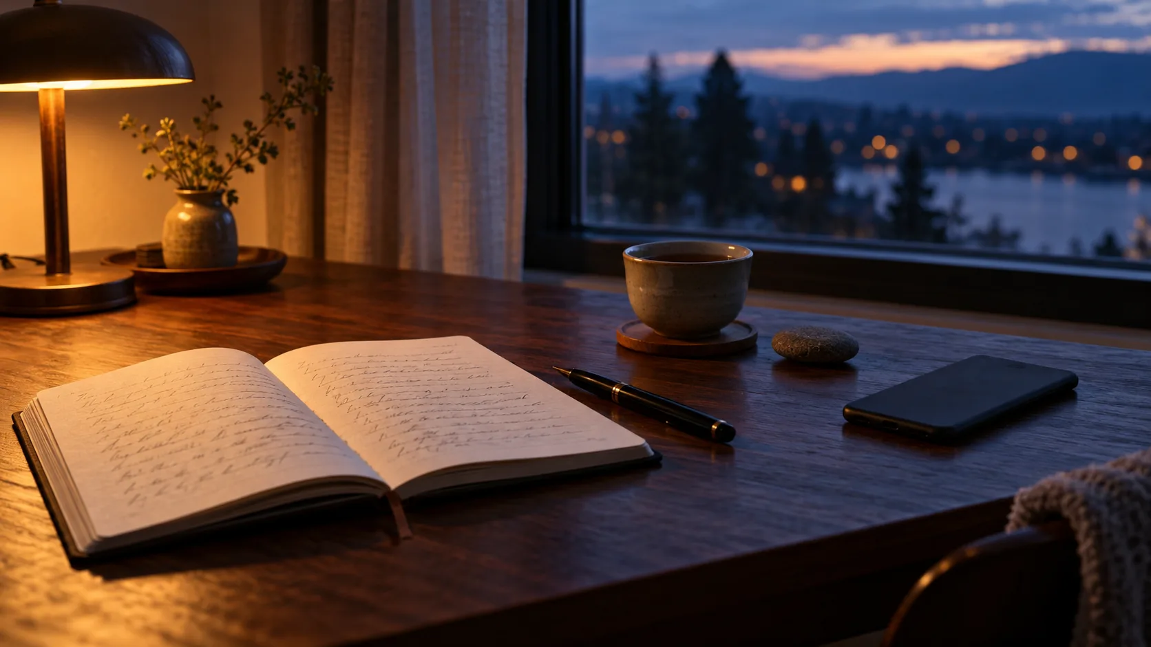 An open notebook, fountain pen, tea, and face-down phone on a calm evening desk by a window