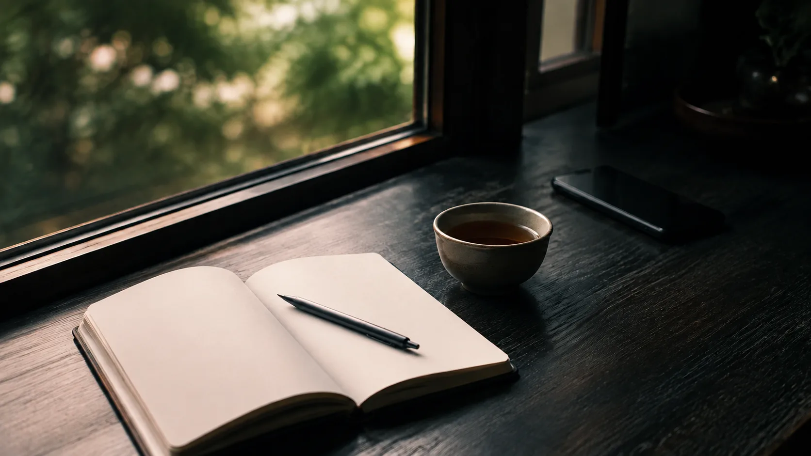 A blank open notebook, pen, tea, and phone on a dark desk beside a window