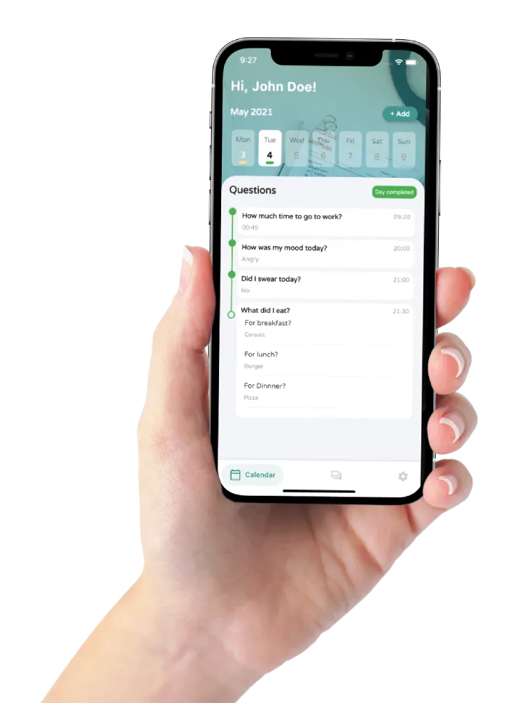 EvereeME on an iPhone, showing a personal timeline of daily questions and answers