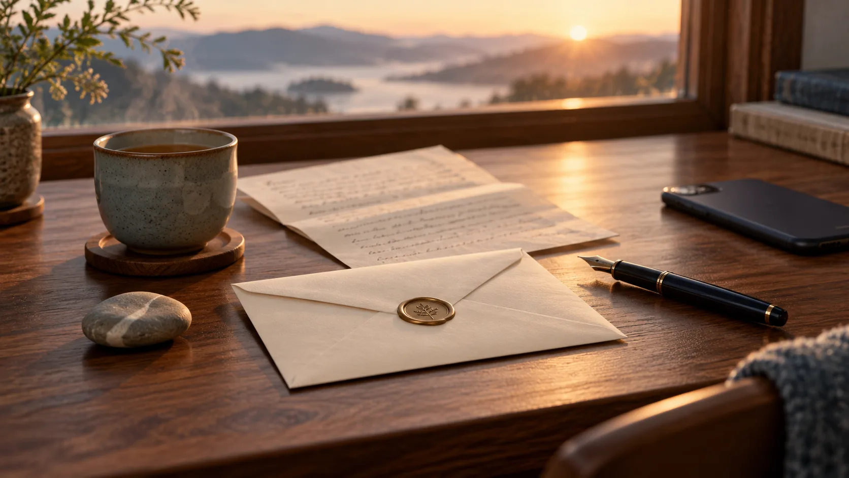 A sealed envelope, fountain pen, tea, and a face-down phone on a walnut desk in soft sunrise light